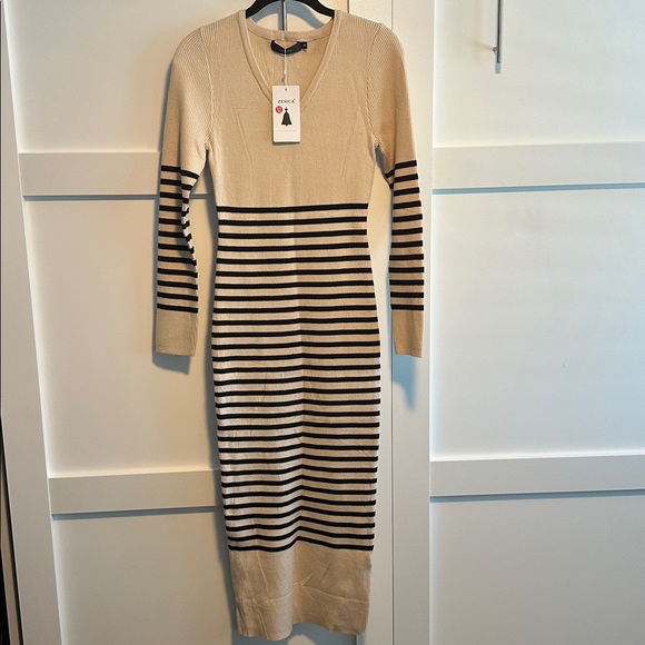 Dresses & Skirts - Striped Zesica Beige and Black Long Sleeve Dress, brand new!! Size medium.